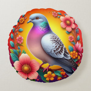 Bunte Taube umgeben von lebendigen Blumen Rundes Kissen