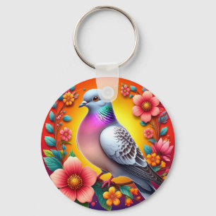 Bunte Taube umgeben von lebendigen Blumen Schlüsselanhänger