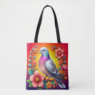 Bunte Taube umgeben von lebendigen Blumen Tasche