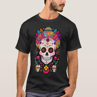 Bunte Totenkopf-Blumen Mexikanische Tradition Dia  T-Shirt