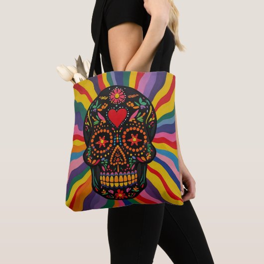 Bunte Totenkopf-Tragetasche mit Regenbogen-Design Tasche (Von Nahem)