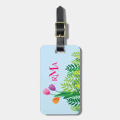 Bunte Tulpen, grüne Vegetation u. Monogramm Gepäckanhänger (Vorderseite vertikal)