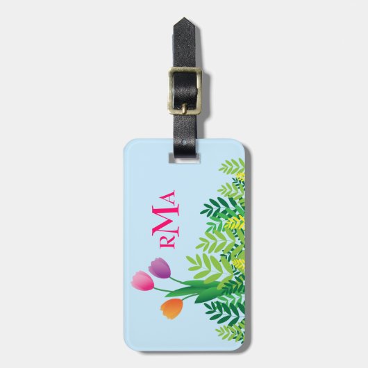 Bunte Tulpen, grüne Vegetation u. Monogramm Gepäckanhänger (Vorderseite vertikal)