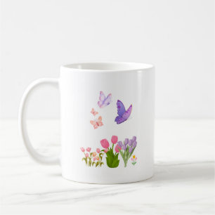 Bunte Tulpen & Schmetterlinge Tasse – Rosa und Lil