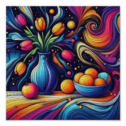 bunte Tulpen und frische Orangen Fotodruck (Vorne)