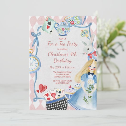 Bunte verzauberte Alice im Wunderland zum Geburtst Einladung (Stehend Vorderseite)