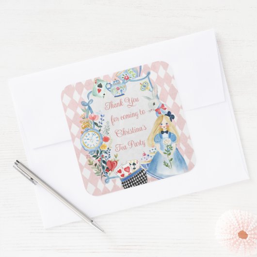 Bunte verzauberte Alice im Wunderland zum Geburtst Quadratischer Aufkleber (Umschlag)