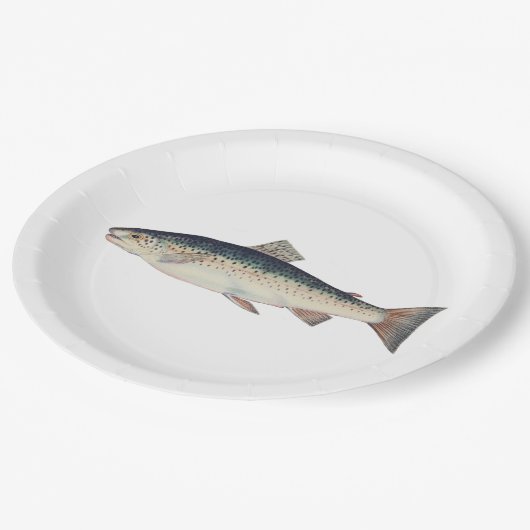 Bunte Vintage Lachsillustration Pappteller (Schrägansicht)
