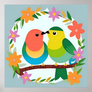 Bunte Vögel Ast Wandkunst Süße Natur Poster