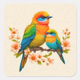 Bunte Vögel auf Ast Fröhliches Wildtier-Geschenk Quadratischer Aufkleber