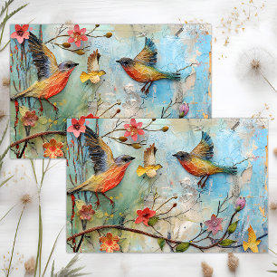BUNTE VÖGEL IM FLUG MIXED MEDIA DÉCOUPAGE SEIDENPAPIER