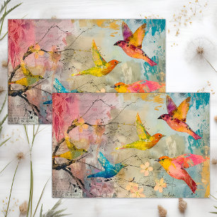 BUNTE VÖGEL IM FLUG MIXED MEDIA DEKOUPAGE SEIDENPAPIER