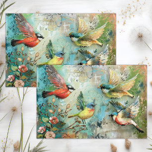 BUNTE VÖGEL IM GARTEN MIXED MEDIA DEKOUPAGE SEIDENPAPIER