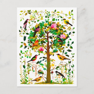 Bunte Vögel in einem blühenden Baum Postkarte