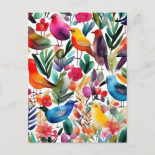 Bunte Vögel und Blumen Einladung Postkarte