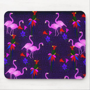 Bunte Vögel und rosa Flamingos Mousepad