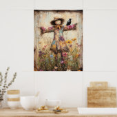 Bunte Volkskunst-Vogelscheuche mit Wildblumen Poster (Küche)