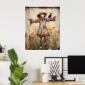 Bunte Volkskunst-Vogelscheuche mit Wildblumen Poster (Heimbüro)