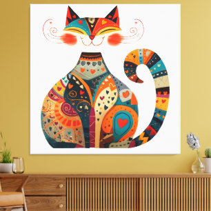 Bunte Volkskunstkatze Leinwanddruck