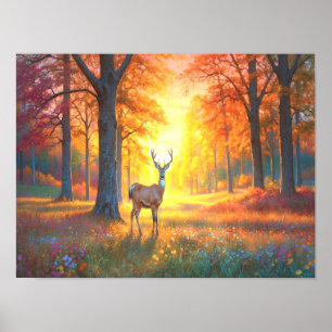 Bunte Waldblumen und Hirsch Kunst Poster