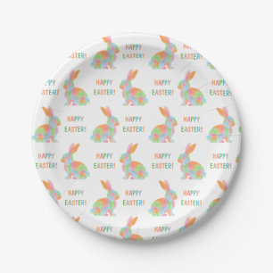 Bunte Wasserfarben-Häschen und Happy Easter Text Pappteller