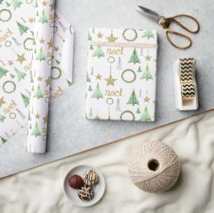 Bunte Wasserfarben-Muster Tannenbaum mit goldenen Geschenkpapier