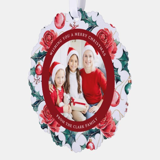 Bunte Weihnachten Botanisches Foto-Rot Ornament Karte (Links)