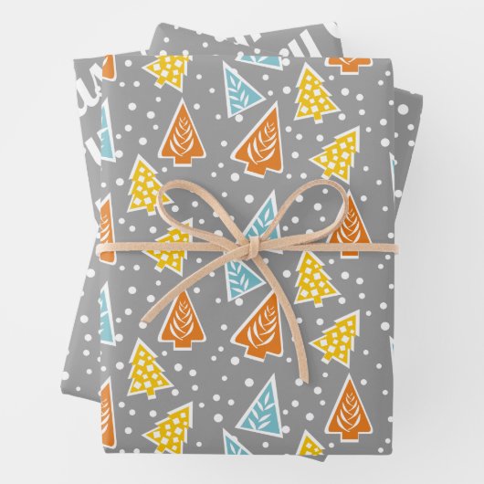 Bunte Weihnachtsbäume, "Frohe Weihnachten", Schnee Geschenkpapier Set (Beispiel)