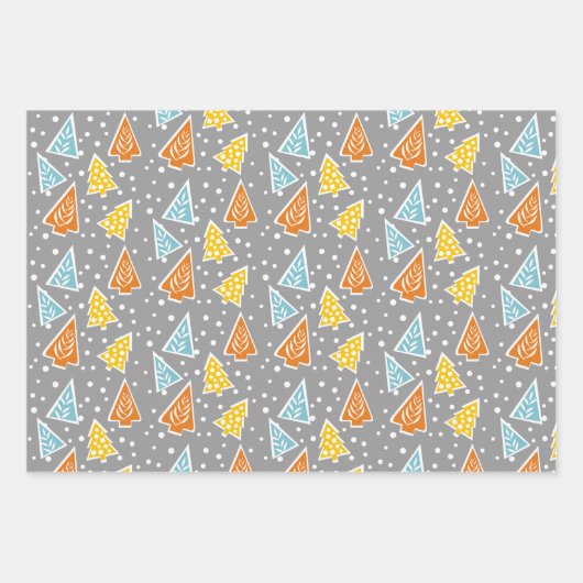 Bunte Weihnachtsbäume, "Frohe Weihnachten", Schnee Geschenkpapier Set (Vorderseite)