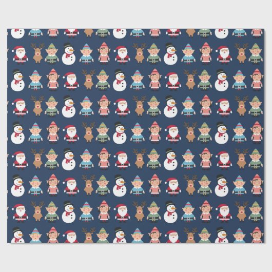 Bunte Weihnachtselfe und Cartoon-Charaktere Geschenkpapier (Flach)