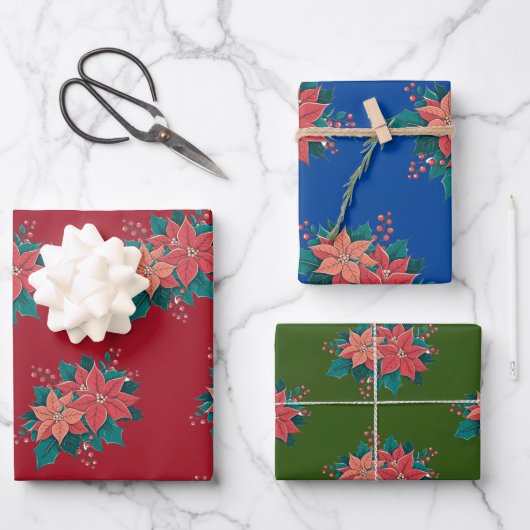 Bunte Weihnachtsfeier Poinsettias Geschenk Wrap Se Geschenkpapier Set (Vorderseite)