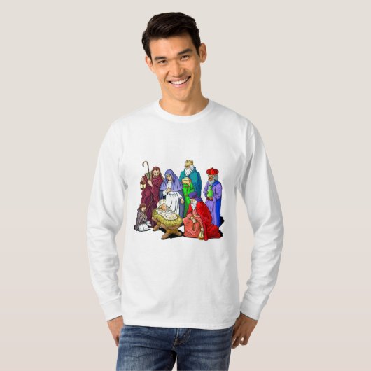 Bunte WeihnachtsGeburt Christis-Szene T-Shirt (Vorne ganz)