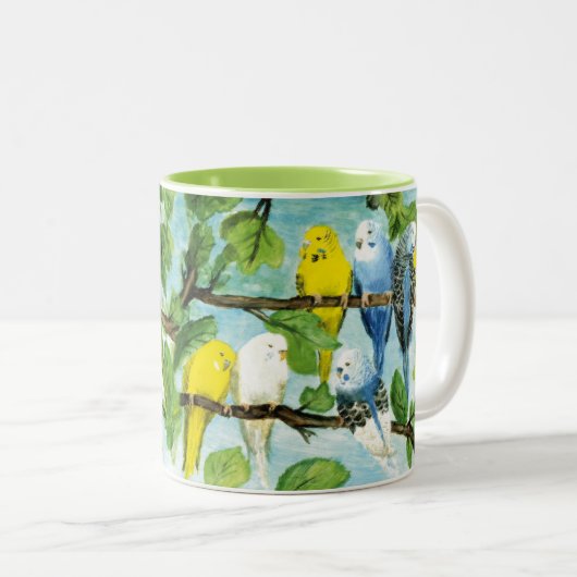 Bunte Wellensittiche | Zweifarbige Tasse (VorderseiteRechts)