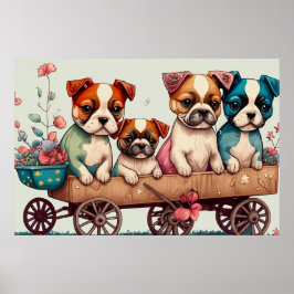 Bunte Welpen im Wagen Poster