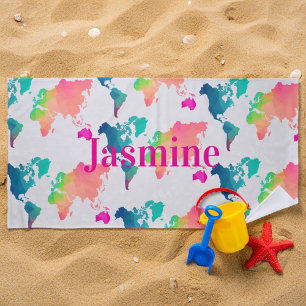 Bunte Weltkarte für Kinder mit personalisiertem Na Strandtuch