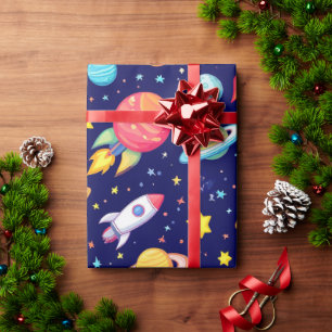 Bunte Weltraum-Cartoon-Glow 🌈 Spaßige Galaxie Kin Geschenkpapier