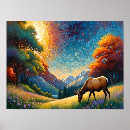 Bunte Wiesenelk mit Blumen Kunst Poster (Vorne)