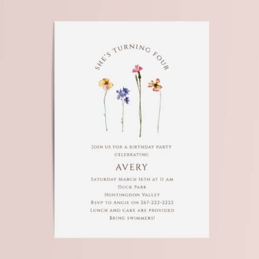 Bunte Wildblume Vierte Geburtstagspartei Einladung