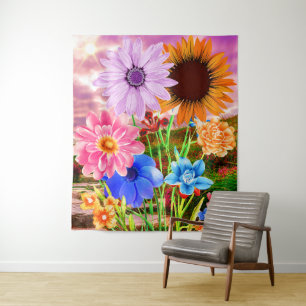 Bunte Wildblumen Kunst - Schöne Gartenblumen Wandteppich