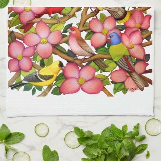 Bunte wilde Vögel im Hartriegel-Geschirrtuch Geschirrtuch (Gefaltet)