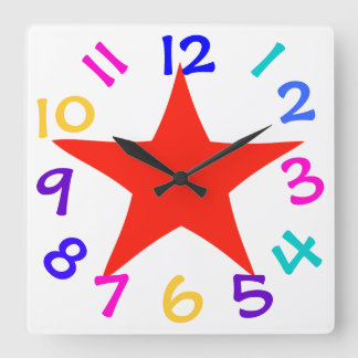Bunte Zahl-rote Stern-Wanduhr Quadratische Wanduhr