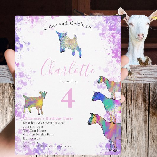 Bunte Ziegen Mädchen Geburtstagsparty Einladungspostkarte