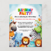 Bunte Zoo-Tiere Geburtstagsparty-Einladung Postkarte (Vorderseite)