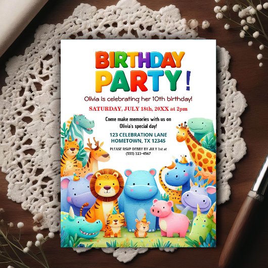 Bunte Zoo-Tiere Geburtstagsparty-Einladung Postkarte