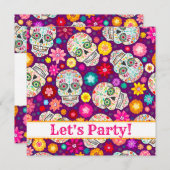 Bunte Zuckerschädel-Fiesta auf lila Party laden Einladung (Vorne/Hinten)
