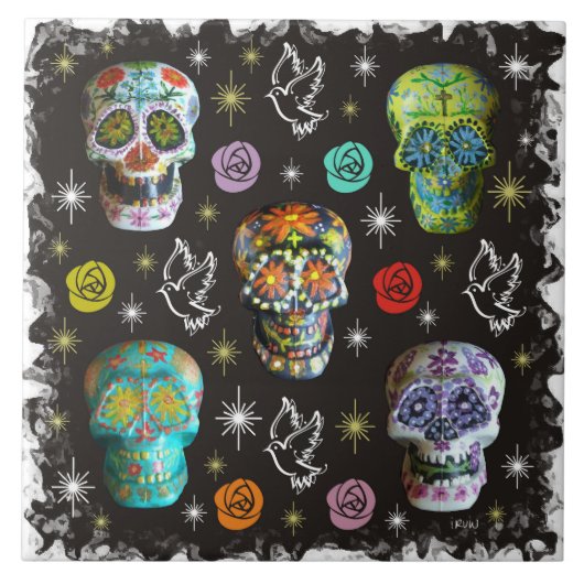 Bunte Zuckerschädel Fliese (Vorderseite)