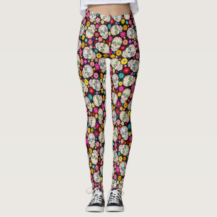 Bunte Zuckerschädel und -Blumen auf Schwarzem Leggings