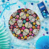 Bunte Zuckerschädel-und -Blumen-Fiesta auf Pappteller (Party)