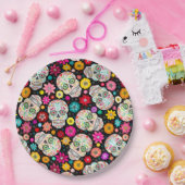 Bunte Zuckerschädel-und -Blumen-Fiesta auf Pappteller (Party)