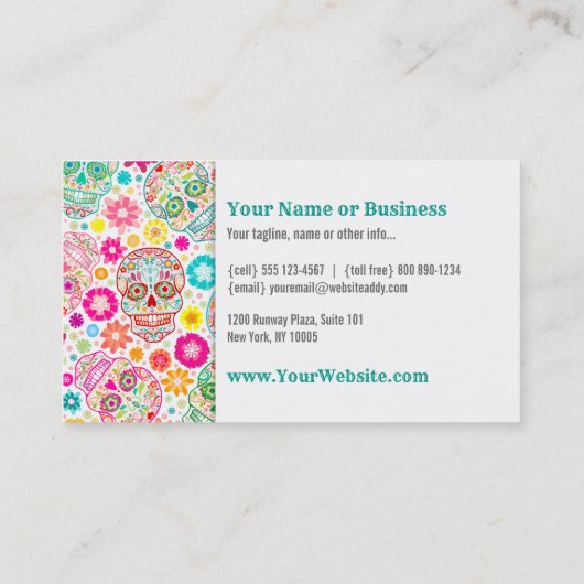 Bunte Zuckerschädel-und -Blumen-Fiesta Visitenkarte (Rückseite)
